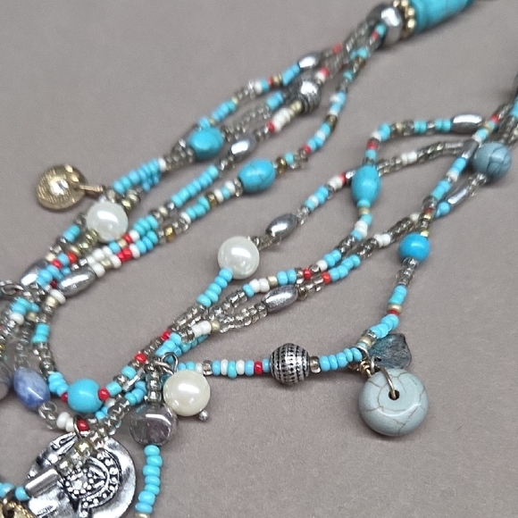 Boho Style Turquoise and Silver Multi-Strand Necklace Adjust 35 -38" - Picture 4 of 7